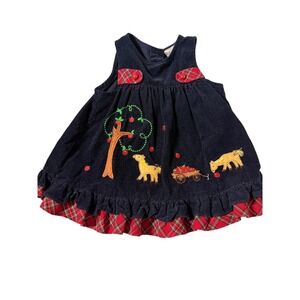 Rare Editions Girls 2T Navy Corduroy Horse Apple Jumper Dress Plaid Trim